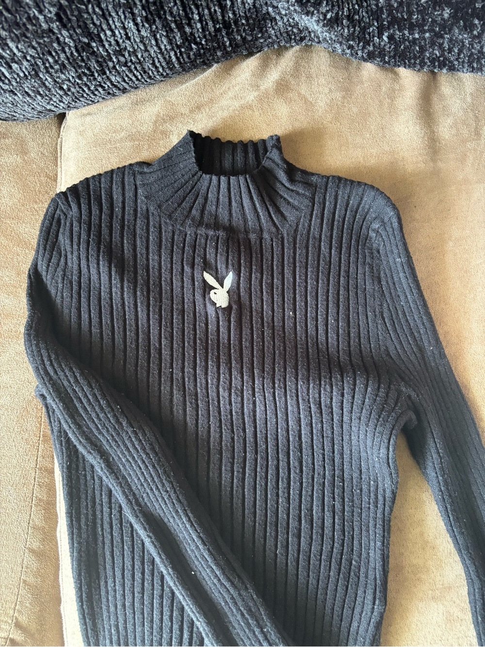 PacSun Black Ribbed Turtleneck Sweater with Bunny Patch